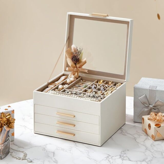 SONGMICS Four Layer Jewellery Box with Glass Lid & Drawers in White - image 1