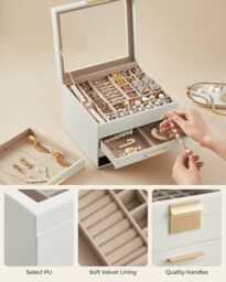 SONGMICS Four Layer Jewellery Box with Glass Lid & Drawers in White - thumbnail 6