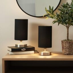 ValueLights Francis Brushed Chrome Dimmable Touch Table Lamps with Fabric Shade in Black
