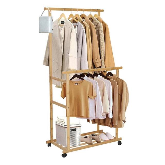 Kelvenix Double-Rail Bamboo Clothes Rack Garment Coat Rack in Brown - image 1