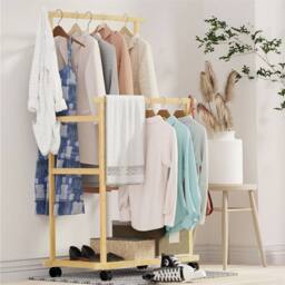 Kelvenix Double-Rail Bamboo Clothes Rack Garment Coat Rack in Brown - thumbnail 5