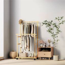 Kelvenix Double-Rail Bamboo Clothes Rack Garment Coat Rack in Brown - thumbnail 4