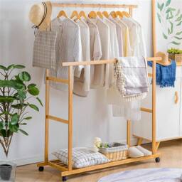 Kelvenix Double-Rail Bamboo Clothes Rack Garment Coat Rack in Brown - thumbnail 3