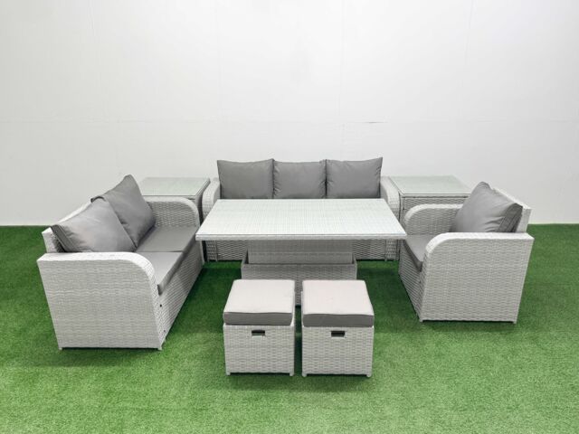 Fimous Patio PE Wicker 8 Seater Outdoor Rattan Furniture Sofa Sets w/ Adjustable Lifting Dining or Coffee Table Reclining Chair Loveseat Sofa 3 - image 1