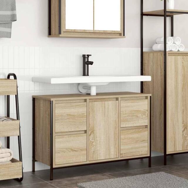 Berkfield Home Basin Cabinet with Drawers Sonoma Oak 90x34.5x60 cm in Brown - image 1