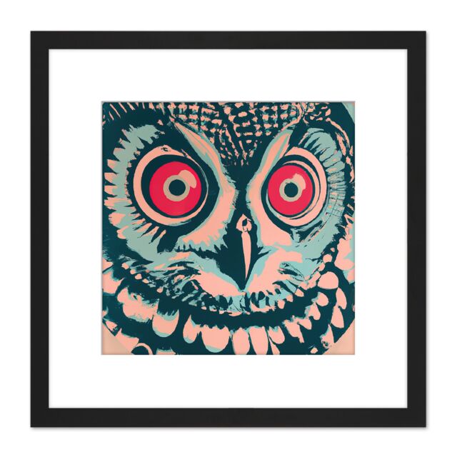 Artery8 Barn Owl Bright Red Eyes Bird Pastel Acrylic Painting Square Wooden Framed Wall Art Print Picture 8X8 Inch in Black - image 1