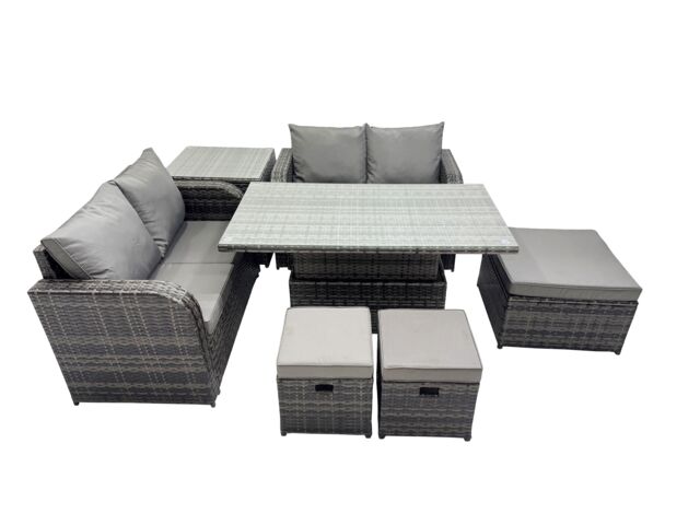 Fimous 7-seater Rattan Garden Furniture Dining Set with 3 Stool Side Table in Dark Grey - image 1