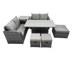 Fimous 7-seater Rattan Garden Furniture Dining Set with 3 Stool Side Table in Dark Grey - thumbnail 1