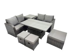 Fimous 7-seater Rattan Garden Furniture Dining Set with 3 Stool Side Table in Dark Grey - thumbnail 2