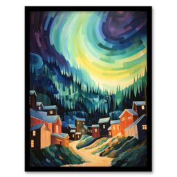Artery8 Northern Lights Over Dawson City Yukon Territory Canada Watercolour Painting Art Print Framed Poster Wall Decor in Black - Size: A4 - thumbnail 1