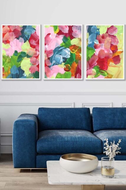 ARTZE Set of 3 White Framed Abstract Wild Garden Flowers in Blue & Pink Wall Art - Size: W33 cm x H45 cm x D20mm - image 1