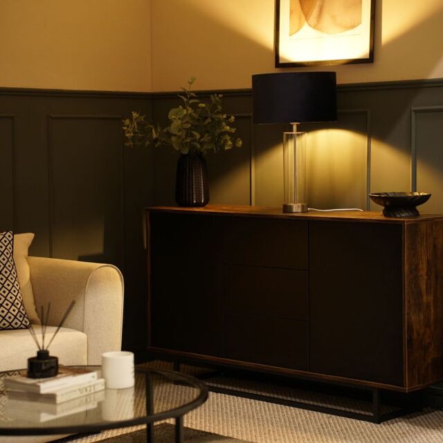 ValueLights Balan Glass & Brushed Chrome Table Lamp with Velvet Drum Lamp Shade & LED Bulb in Black - image 1