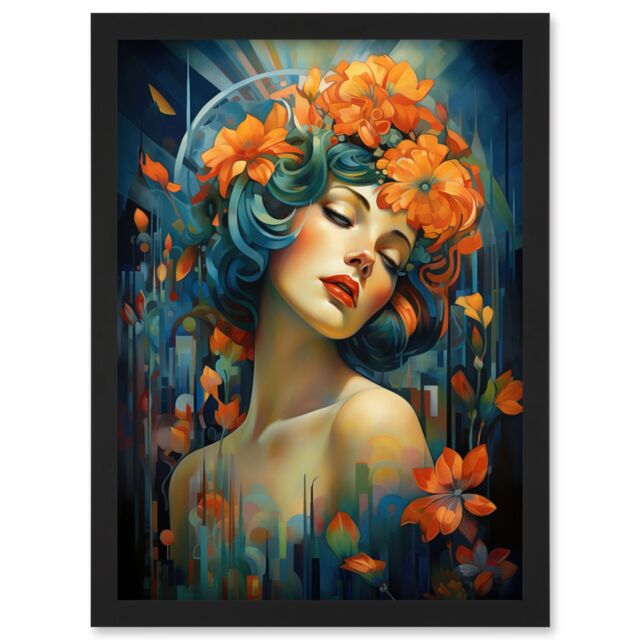 Artery8 Wall Art Print Woman Portrait with Flowers Modern Art Deco Vibrant Artwork Orange Blue Floral Headband Artwork Framed A4 in Black - image 1