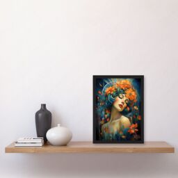 Artery8 Wall Art Print Woman Portrait with Flowers Modern Art Deco Vibrant Artwork Orange Blue Floral Headband Artwork Framed A4 in Black - thumbnail 2