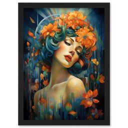 Artery8 Wall Art Print Woman Portrait with Flowers Modern Art Deco Vibrant Artwork Orange Blue Floral Headband Artwork Framed A4 in Black - thumbnail 1