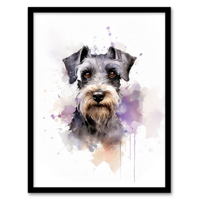 "Artery8 Wall Art Print Schnauzer Lovers Gift Watercolour Pet Portrait Painting Artwork Art Framed - Size: W12"" x H16""" - image 1