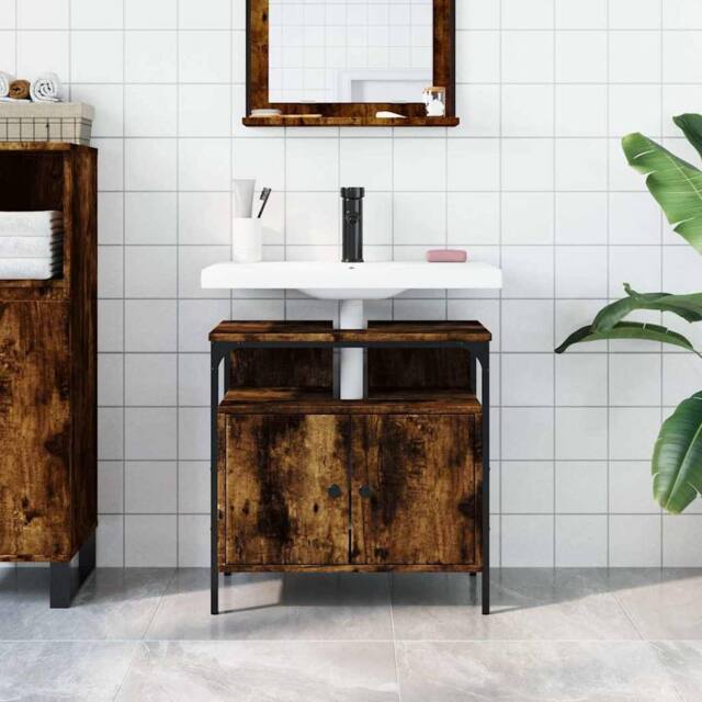Berkfield Home Sturdy Bathroom Sink Cabinet Smoked Oak 60x30x60 cm Engineered Wood in Brown - Size: 60 x 30 x 60 cm - image 1