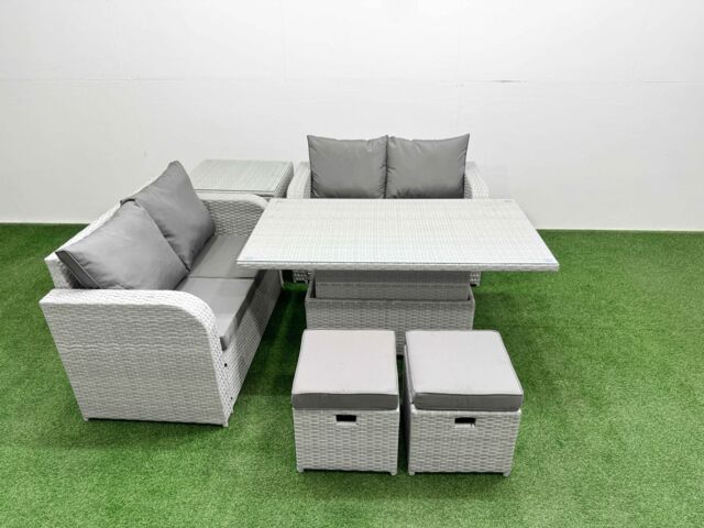 Fimous 6 Seater Outdoor Love Sofa Set Rattan Garden Furniture Set with Adjustable Lifting Dining or Coffee Table 2 Small Stools Side Table Light Grey - image 1