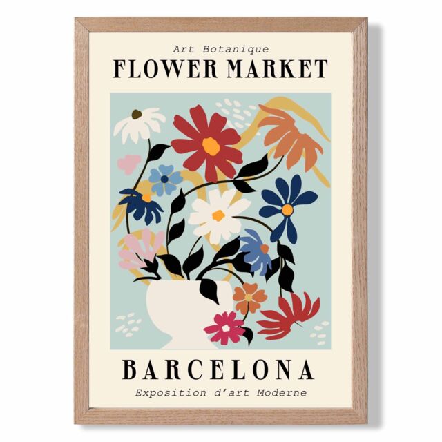 ARTZE Barcelona Blue & Pink Flower Market Exhibition Framed Print SIZE: A3 with Oak Frame in Mid Blue - Size: A4 - image 1