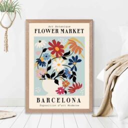 ARTZE Barcelona Blue & Pink Flower Market Exhibition Framed Print SIZE: A3 with Oak Frame in Mid Blue - Size: A4 - thumbnail 2