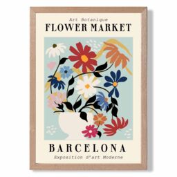 ARTZE Barcelona Blue & Pink Flower Market Exhibition Framed Print SIZE: A3 with Oak Frame in Mid Blue - Size: A4 - thumbnail 1