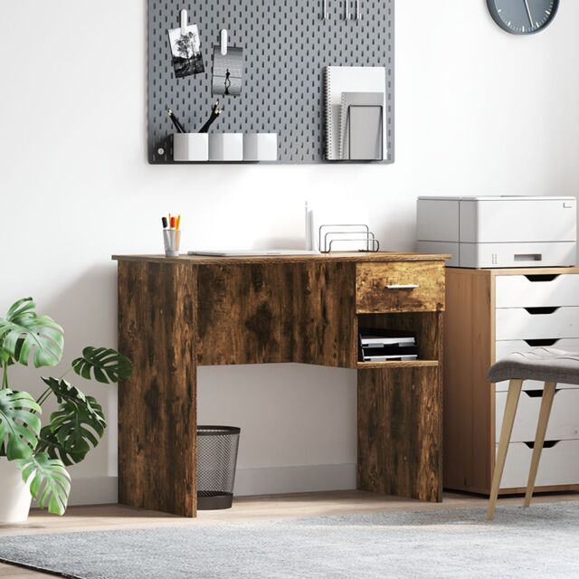 Berkfield Home Desk with Storage Smoked Oak 90x49.5x75 cm Engineered wood - image 1