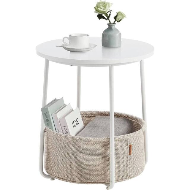 FORGEVIO Round End Table with Durable Fabric Basket Perfect for Small Spaces in White - image 1