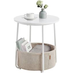 FORGEVIO Round End Table with Durable Fabric Basket Perfect for Small Spaces in White - thumbnail 1