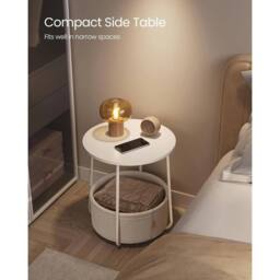 FORGEVIO Round End Table with Durable Fabric Basket Perfect for Small Spaces in White - thumbnail 3
