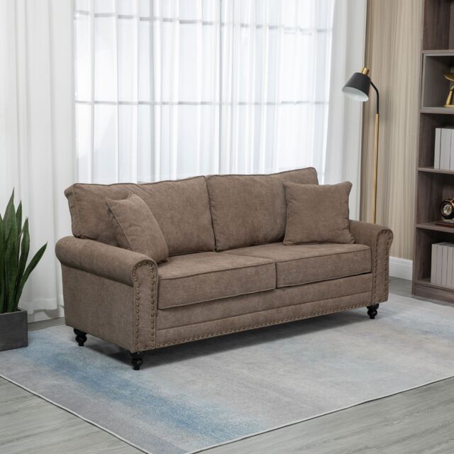 HOMCOM 3 Seater Sofas Fabric Sofa with Nailhead Trim Cushions & Throw Pillows in Brown - image 1
