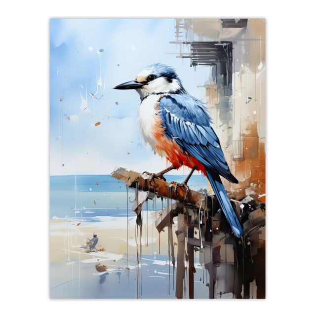 "Artery8 Wall Art Print Bird by the Beach Kingfisher Portrait Oil Painting Poster Picture in Blue - Size: W18"" x H24""" - image 1