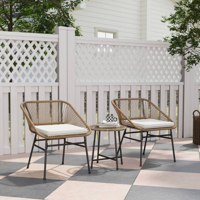 OUTSUNNY Rattan Bistro Set, Small Balcony Furniture with Cushion, Light Grey in Natural - image 1
