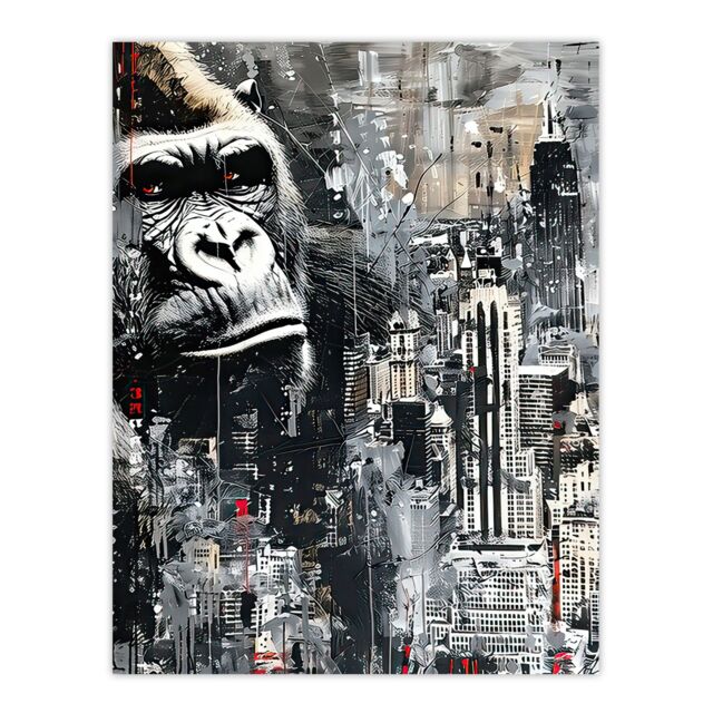 "Artery8 King Kong Gorilla New York Skyline Oil Painting Wall Art Print in Grey - Size: W24"" x H32""" - image 1