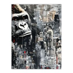 "Artery8 King Kong Gorilla New York Skyline Oil Painting Wall Art Print in Grey - Size: W24"" x H32""" - thumbnail 1