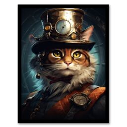"Artery8 Top Hat Magic Cat Fun Steampunk Cat Explorer Artwork Art Print Framed Poster Wall Decor in Black - Size: W12"" x H16""" - thumbnail 1