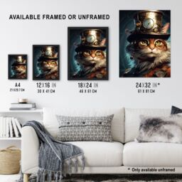 "Artery8 Top Hat Magic Cat Fun Steampunk Cat Explorer Artwork Art Print Framed Poster Wall Decor in Black - Size: W12"" x H16""" - thumbnail 3