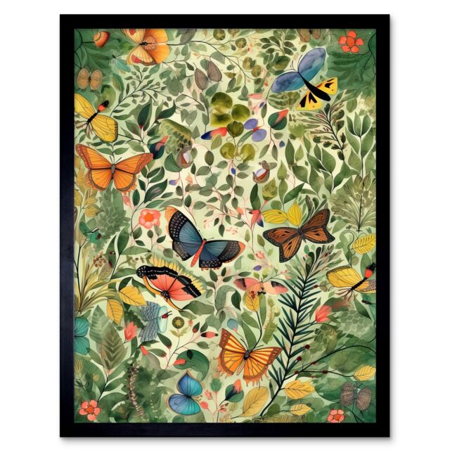 "Artery8 Wall Art Print Butterflies Flying in Spring Field Modern Folk Art Framed in Black - Size: W12"" x H16""" - image 1