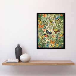 "Artery8 Wall Art Print Butterflies Flying in Spring Field Modern Folk Art Framed in Black - Size: W12"" x H16""" - thumbnail 2