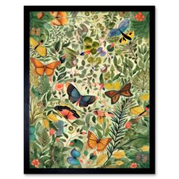 "Artery8 Wall Art Print Butterflies Flying in Spring Field Modern Folk Art Framed in Black - Size: W12"" x H16""" - thumbnail 1