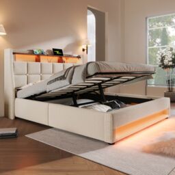 Matteo Double Bed Storage Bed Frame with LED Lighting, USB Type-C in Beige - thumbnail 9