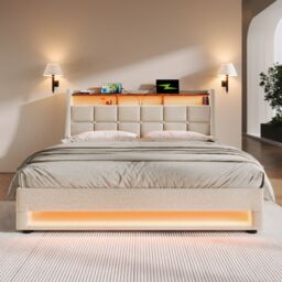 Matteo Double Bed Storage Bed Frame with LED Lighting, USB Type-C in Beige - thumbnail 8