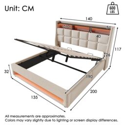 Matteo Double Bed Storage Bed Frame with LED Lighting, USB Type-C in Beige - thumbnail 2