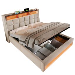Matteo Double Bed Storage Bed Frame with LED Lighting, USB Type-C in Beige - thumbnail 7