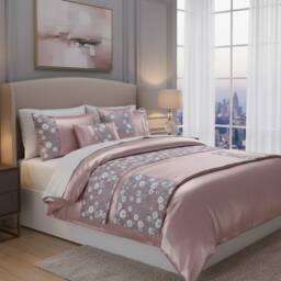 Snug City Embroidery Duvet Cover Set Luxury Bedding with Matching Pillowcases in Pink - Size: Super King - thumbnail 1