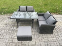 Fimous Dark Grey PE Wicker Rattan Garden Furniture Set Love Sofa Outdoor Rectangular Dining Table Big Footstool - thumbnail 2