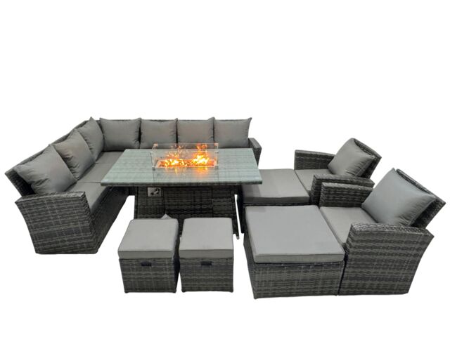 Fimous Rattan Outdoor Patio Gas Firpit Table Sofa Set with 4 Stools 2 Chairs in Dark Grey - image 1