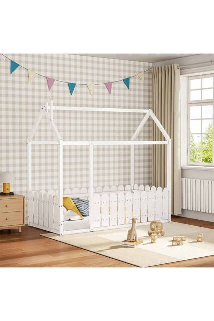 Wooden House Toddler Bed with Fence & Roof in White - image 1