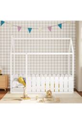 Wooden House Toddler Bed with Fence & Roof in White - thumbnail 3