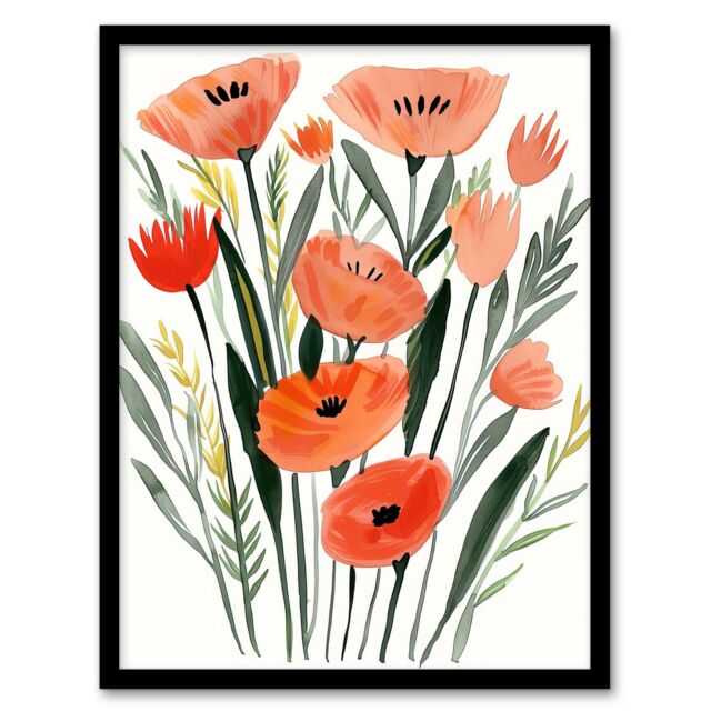 Artery8 Abstract Wild Poppy Flowers Boho Floral Painting Framed Wall Art in Pink - Size: A4 - image 1