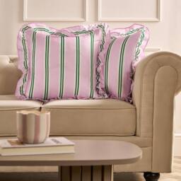 OHS 2 x Double Stripe Faux Linen Frill Cushion Covers in Pink - Size: 45 cm x 45 cm